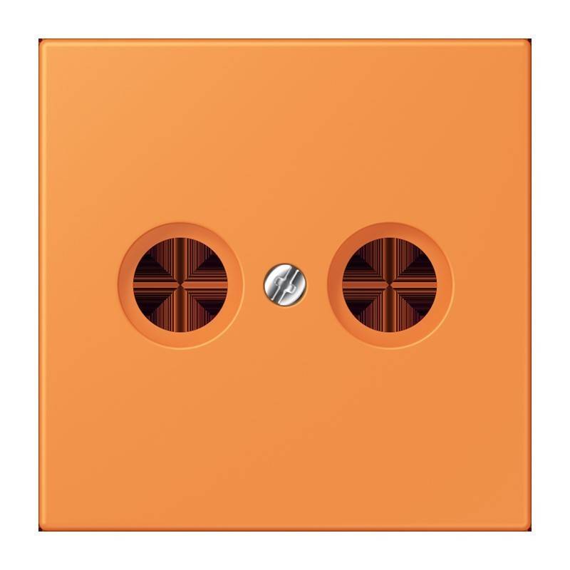 Eine quadratische orange Abdeckplatte mit zwei kreisförmigen Lüftungslöchern und einer zentralen Schraube.