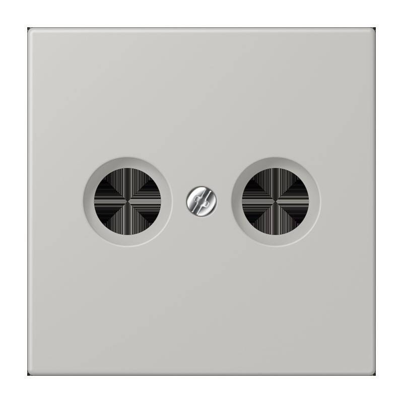 Eine weiße quadratische Wandplatte mit zwei kreisrunden Ausschnitten, jeweils mit einem schwarzen Kreuzmuster im Inneren, und einer zentralen Befestigungsschraube.