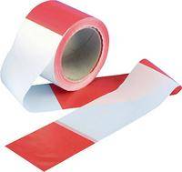 Eine Rolle rot-weiß gestreiften Absperrband, teilweise abgewickelt, zur Kennzeichnung von Sperrgebieten oder gefährlichen Bereichen.