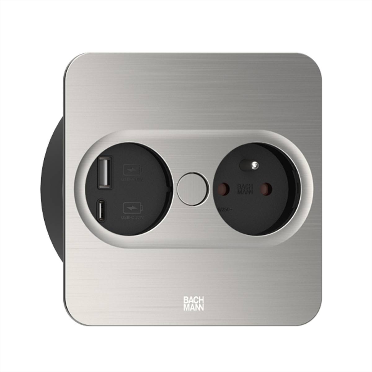 BACHMANN - TWIST2 1xUTE 1USB Inox-Optik eckig Aderendhülsen USB Charg. A/C 2m - (Offline-) USV