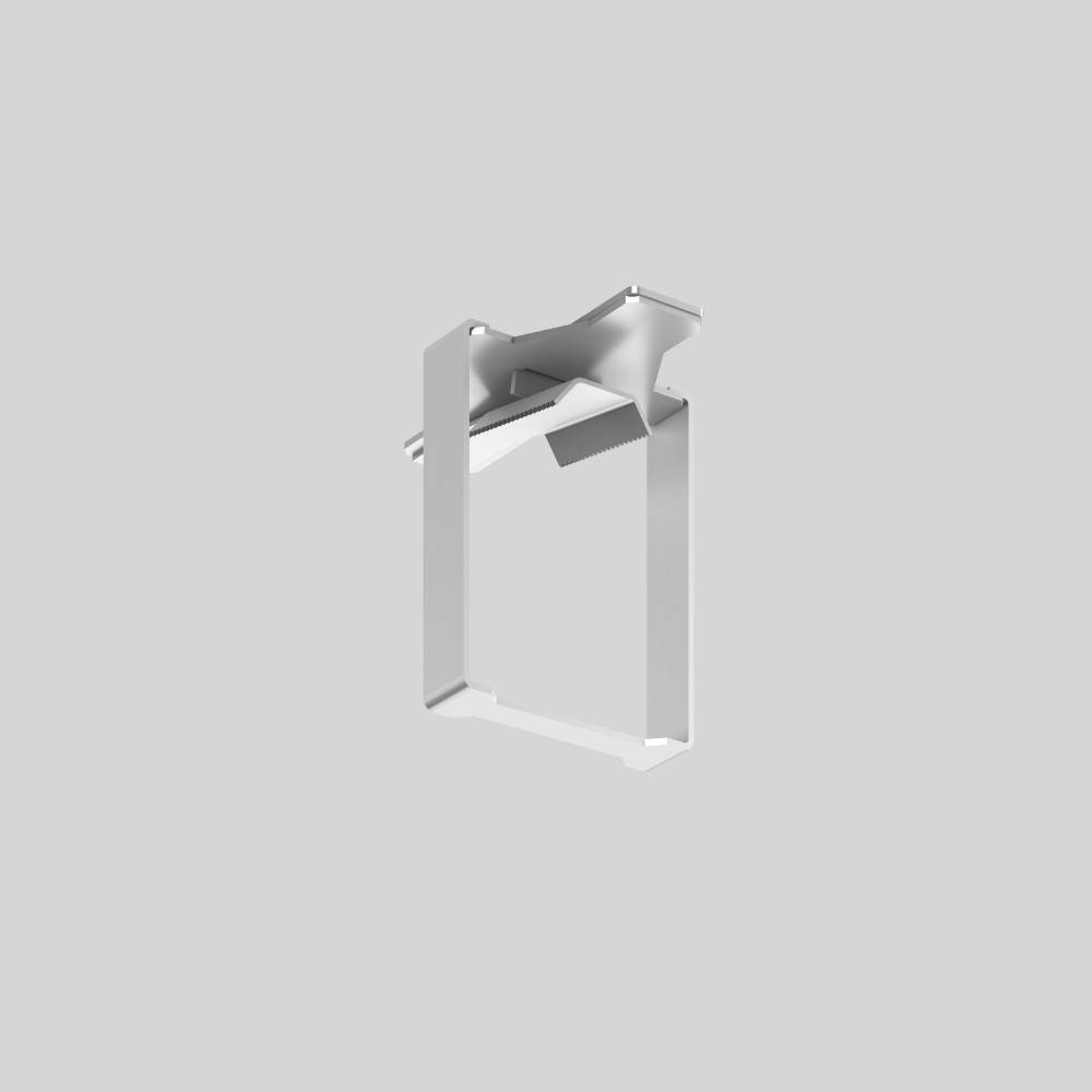 3D-Rendering einer silbernen Metallmontageklammer oder eines Clips auf einem einfachen grauen Hintergrund.