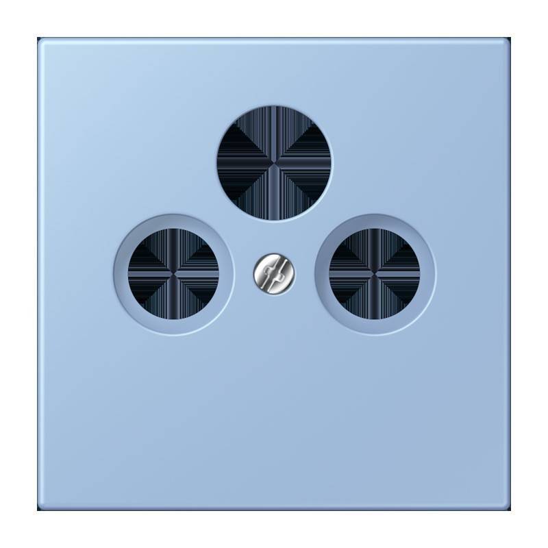 Eine silberne, dreieckige Steckdosenabdeckung mit minimalistischem Design, die eine flache Oberfläche und runde Steckerstifte aufweist, die in einer Dreiecksform angeordnet sind.