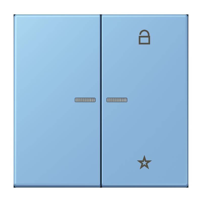 Ein blauer Schiebepanel mit einem Schloss-Symbol rechts und einem Sternsymbol unten links, der Funktionalität oder Sicherheitsstatus anzeigt.