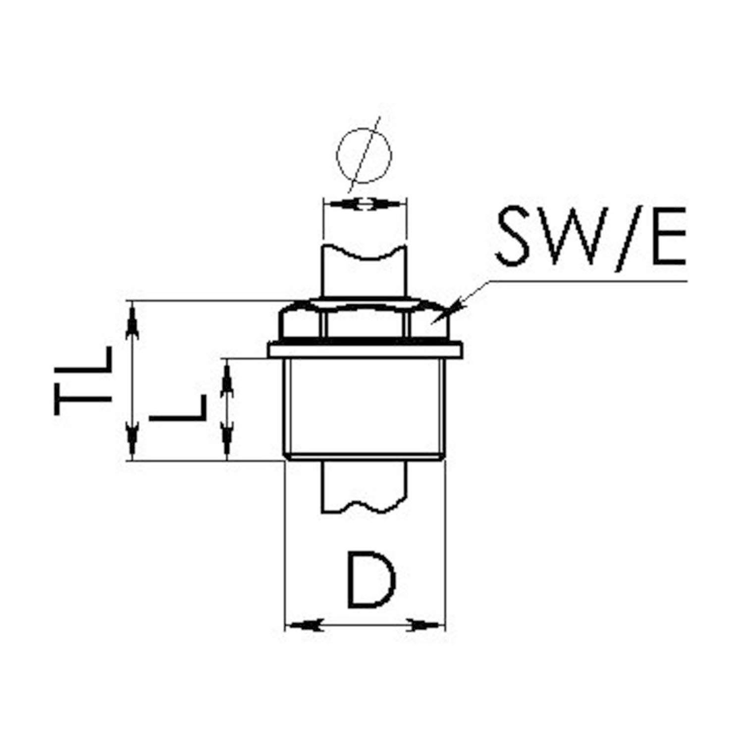 Eine technische Zeichnung einer Befestigungsschraube mit beschrifteten Abmessungen 'TL', 'D' und 'SW/E'. Pfeile zeigen die Messrichtungen an.