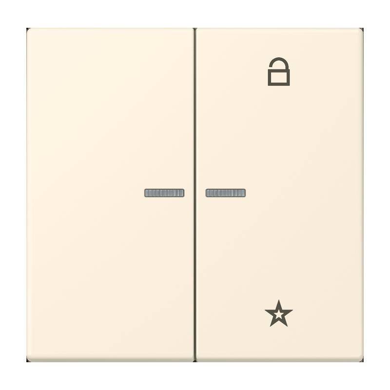 Zwei beige Lichtschalter: links mit einem Schlosssymbol, rechts mit einem Sternsymbol. Beide haben kleine horizontale Rechtecke, die Schalterpositionen anzeigen.