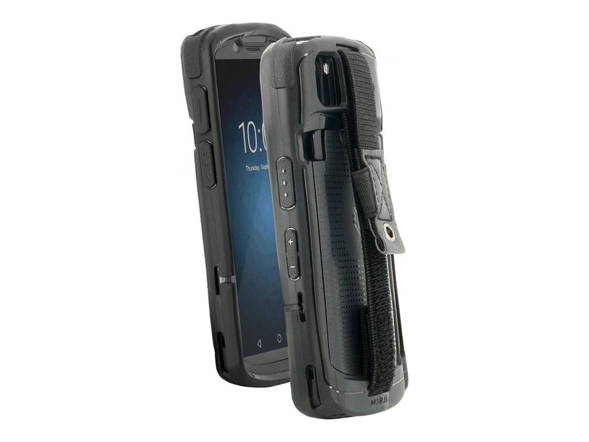 Schwarze robuste Smartphone-Schutzhülle mit seitlicher Holsterklammer, von vorne und hinten auf einem Telefon vor weißem Hintergrund gezeigt.