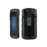 Robustes schwarzes Smartphone von vorne und hinten gezeigt, mit Schutzhülle und Gürtelclip-Holster.