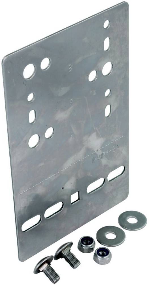 Eine Metallmontagehalterung mit verschiedenen Löchern zur Installation, die einen seitlichen Winkel zeigt. Sie scheint für strukturelle Stützfunktionen konzipiert zu sein.