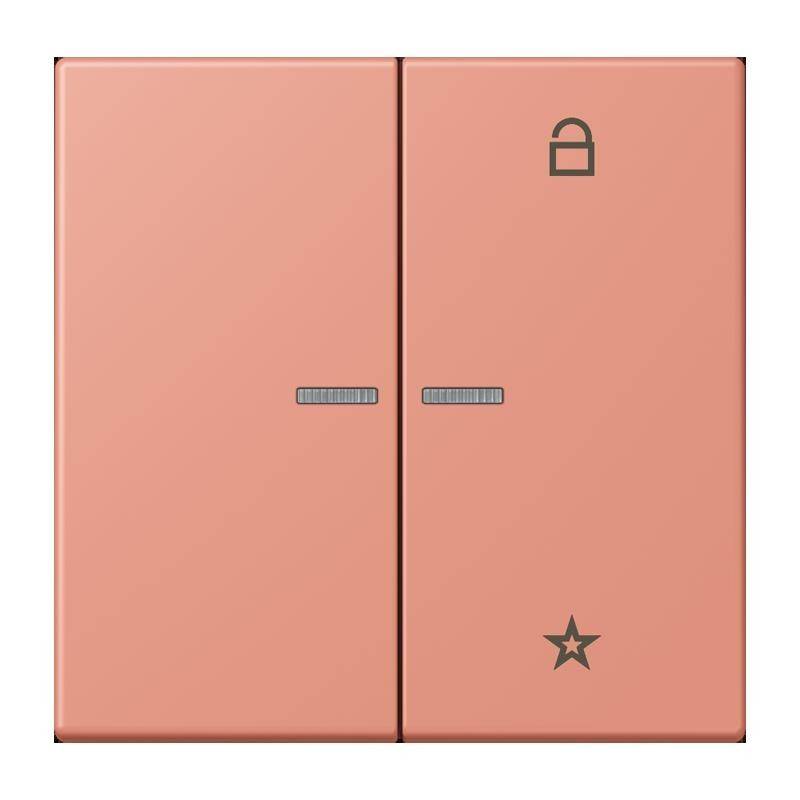 Ein rosa Schalttafel mit zwei Tasten. Die linke Taste hat ein schlichtes Design, während die rechte ein Schlosssymbol oben und einen Stern unten aufweist.