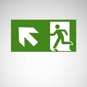 Fluchtwegeschild mit einer Figur, die auf einen links diagonalen Pfeil zueilt und den Notausgang kennzeichnet.