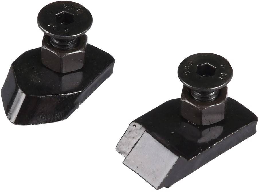 Zwei schwarze Metallschneidwerkzeuge mit angebrachten Sechskantschrauben, vor einem einfarbigen Hintergrund positioniert. Sie verfügen über eine scharfe, gewinkelte Schneide zum Schneiden.