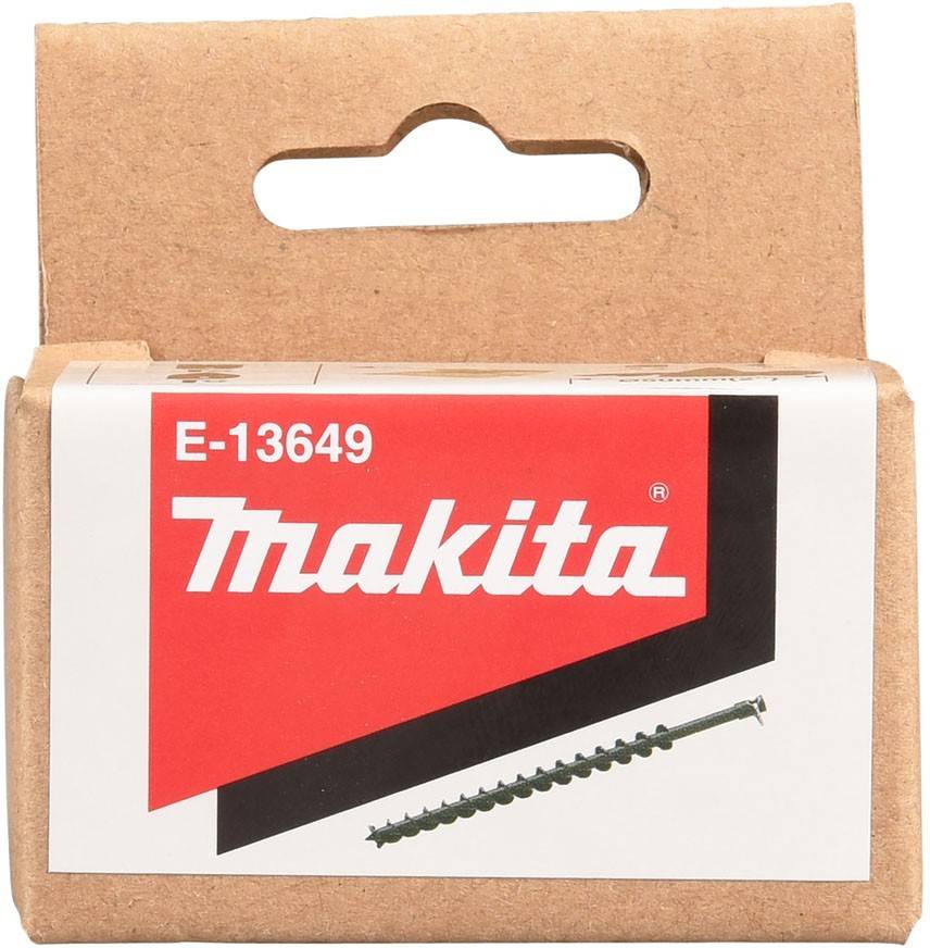 Makita Schraubenverpackung mit der Produktnummer E-13649, die ein einzelnes Schraubenbild und das Makita-Logo auf einem roten Hintergrund zeigt.