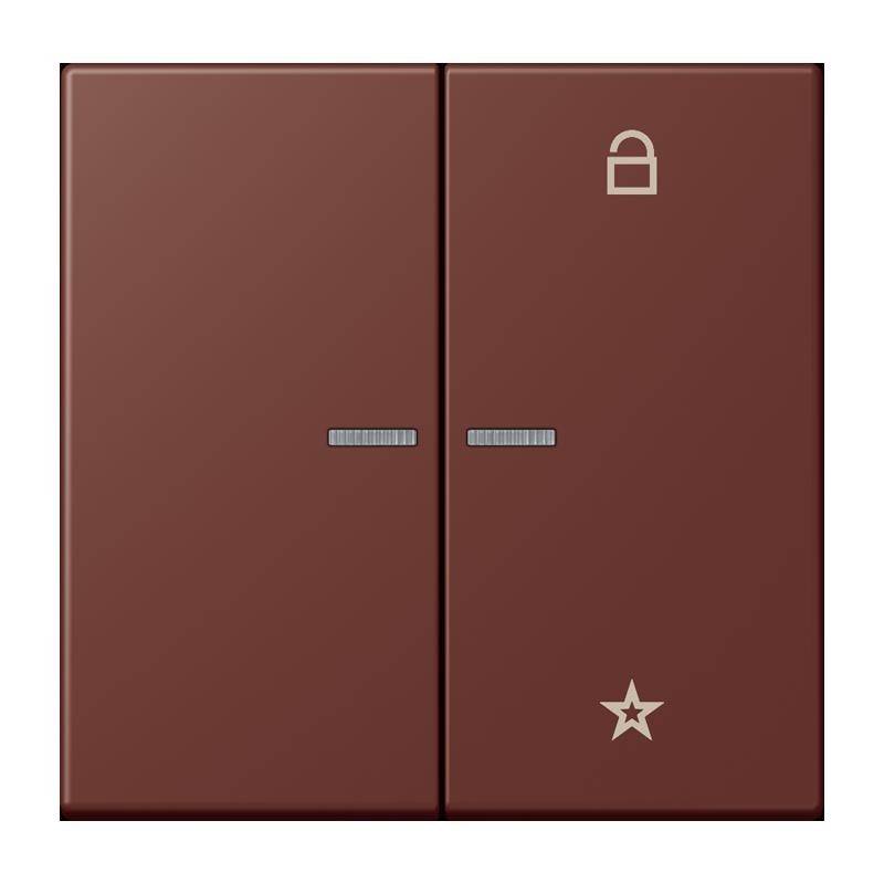 Ein brauner Doppelschalter mit Symbolen: ein Schloss-Symbol und ein Stern-Symbol. Das Schloss befindet sich über dem linken Schalter, der Stern unter dem rechten Schalter.