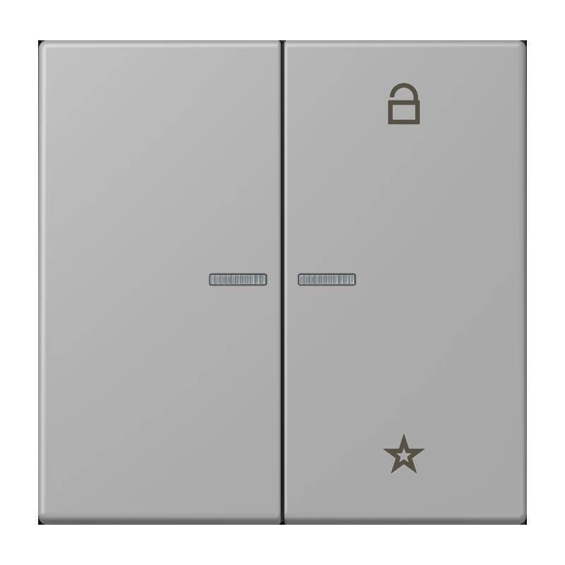 Zwei angrenzende graue Tasten auf einem Panel, eine mit einem Schlosssymbol, was einen gesperrten Zustand anzeigt, und die andere mit einem Sternensymbol.