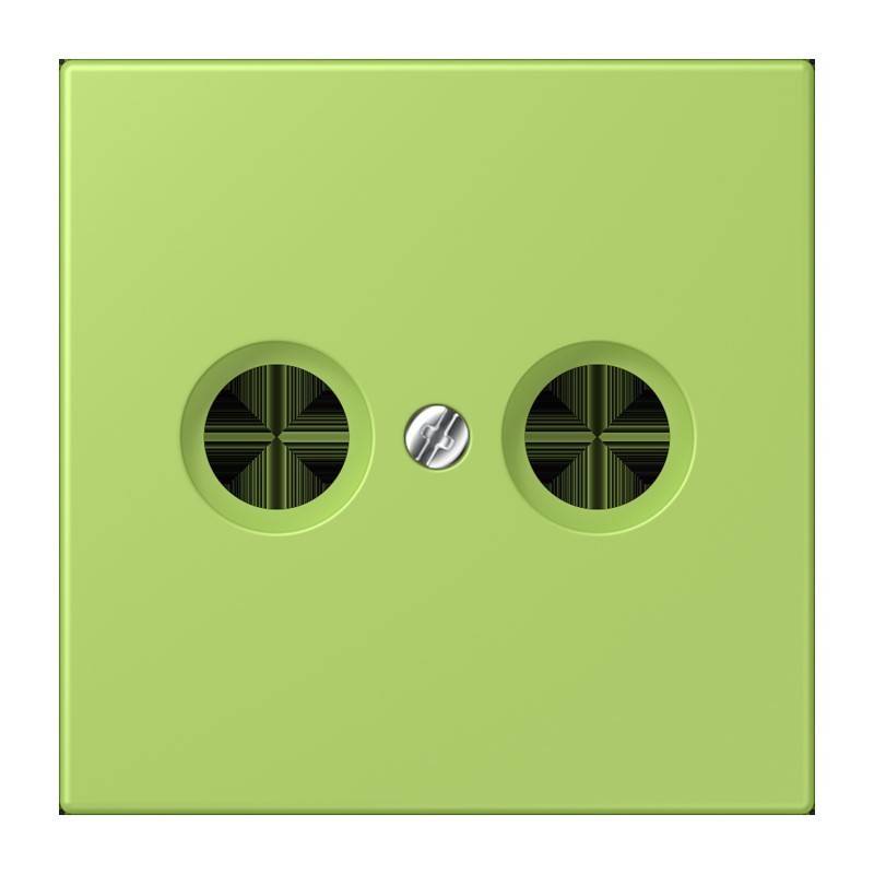 Eine grüne elektrische Wandsteckdosenabdeckung mit zwei kreisrunden Öffnungen und einer zentralen Schraube.