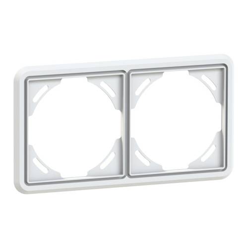 Ein weißes Doppelschalterrahmen mit zwei runden Öffnungen, entwickelt zur Montage von elektrischen Schaltern oder Steckdosen.