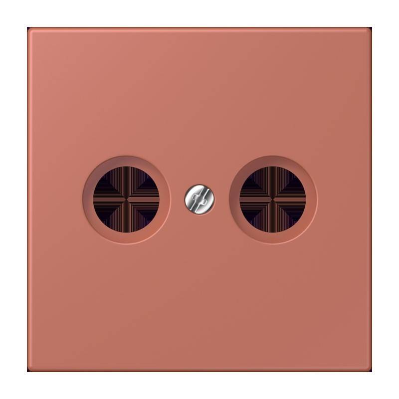 Eine quadratische Wandsteckdosenabdeckung in Kupferfarbe mit zwei runden Löchern und einer zentralen Schraube.