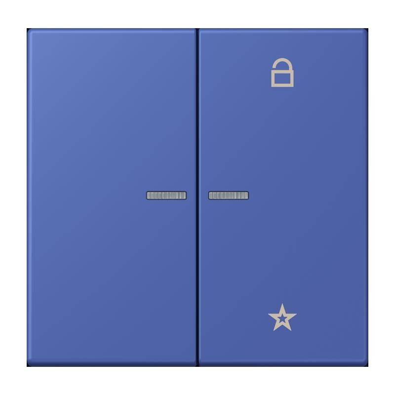 Eine blaue Schiebetür mit einem Schlosssymbol in der oberen rechten Ecke der Tür und einem Sternsymbol in der unteren rechten Ecke.