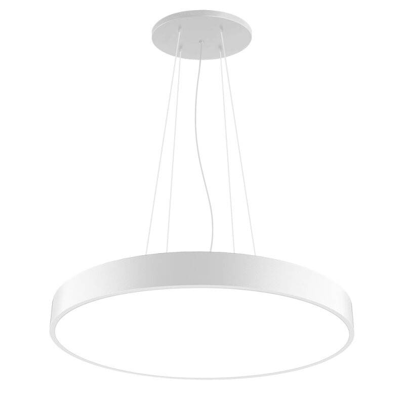 Elegante weiße kreisförmige Pendelleuchte mit modernem minimalistischem Design, aufgehängt an schlanken Kabeln von einer runden Deckenhalterung.