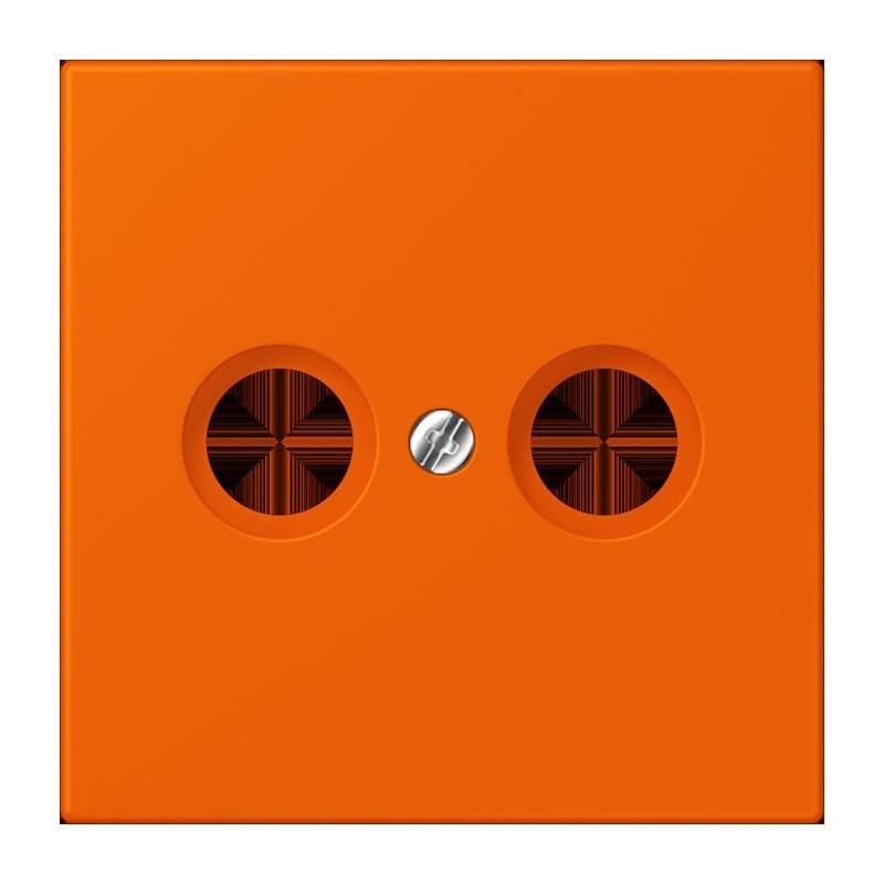 Eine orangefarbene moderne Wandsteckdosenblende mit zwei kreisförmigen Steckdosen und einer zentralen Schraube.