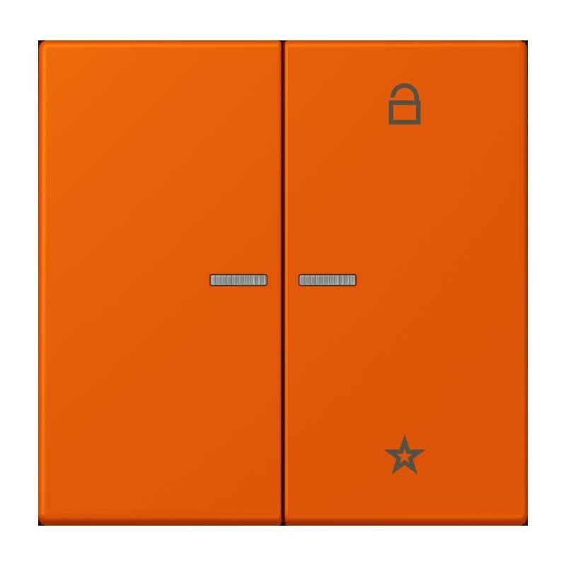Ein orangefarbenes Wandschaltertableau mit einem Schlosssymbol auf der rechten Taste und einem Sternensymbol darunter.