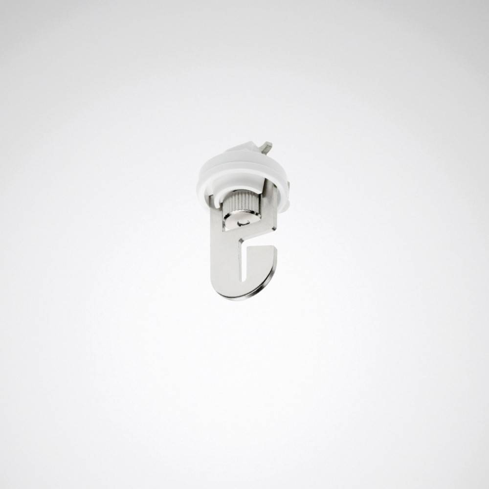 Ein metallischer, grauer Deckenhakenhalter auf weißem Hintergrund, der zum sicheren Befestigen von Gegenständen an Decken entwickelt wurde.