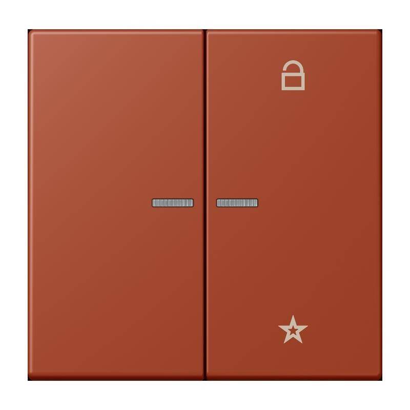 Ein roter Doppellichtschalter mit einem Schloss-Symbol auf der rechten Seite und einem Stern unten, der den Sicherheits- oder gesperrten Status anzeigt.