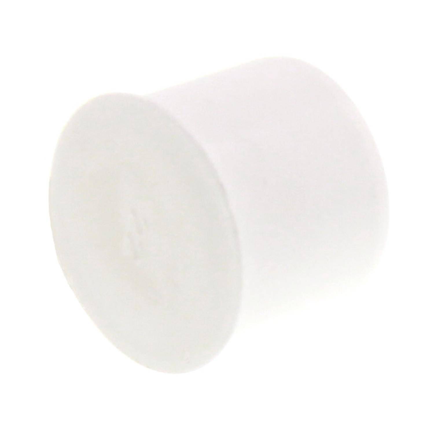 Ein einfaches weißes zylindrisches Objekt mit einer flachen Oberseite und Unterseite, das einer kleinen Kappe oder einem Verschluss ähnelt, ist gegen einen neutralen Hintergrund zentriert.