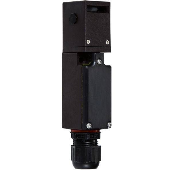 Eine vertikale schwarze elektronische Komponente mit zylindrischer Basis und rechteckigem oberen Abschnitt, mit einer sichtbaren Metallschraube und kreisförmigem Knopf.