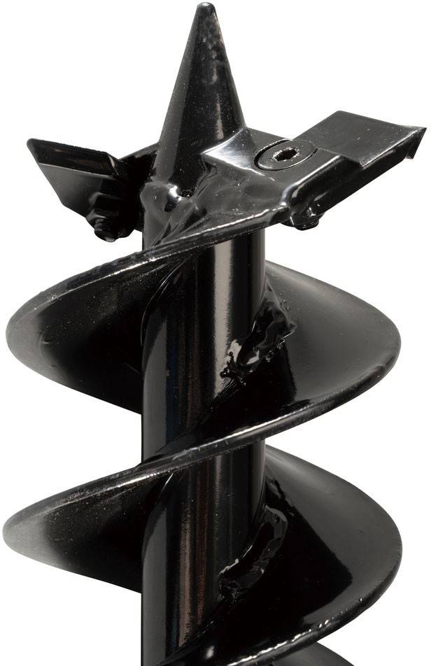 Ein Nahaufnahmebild eines schwarzen Metallschneckenbohrers, der sein spiralförmiges Design und seine scharfe Kante zeigt, der zum Bohren in den Boden verwendet wird.