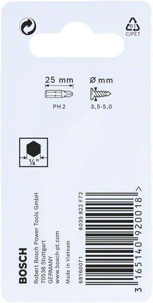 Bohrerspezifikationen auf der Verpackung zeigen: PH2, 25 mm Länge, 3,5-5,0 mm Durchmesser. Das Sechskant-Symbol weist auf die Kompatibilität mit 1/4-Zoll-Antrieb hin.