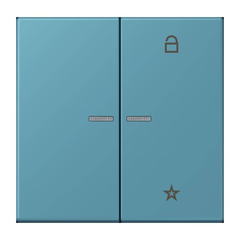 Ein blauer Doppeltürenschrank mit einem Schloss-Symbol in der oberen rechten Ecke und einem Sternsymbol in der unteren rechten Ecke.