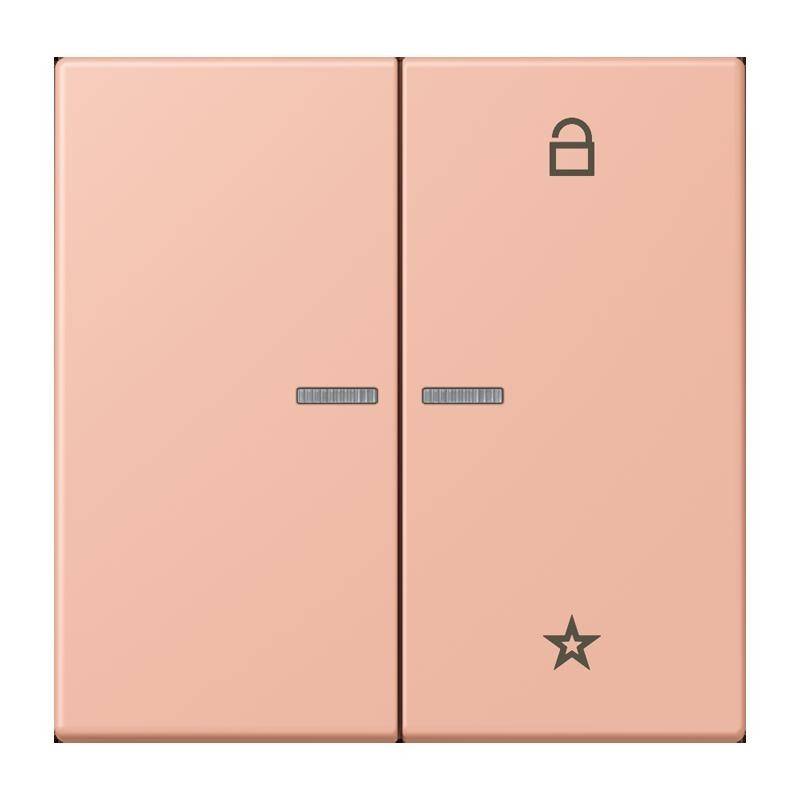 Zwei rechteckige Lichtschalter mit einer rosa Abdeckung. Der linke Schalter ist schlicht; der rechte hat ein Schlosssymbol und ein Sternenemblem am unteren Rand.