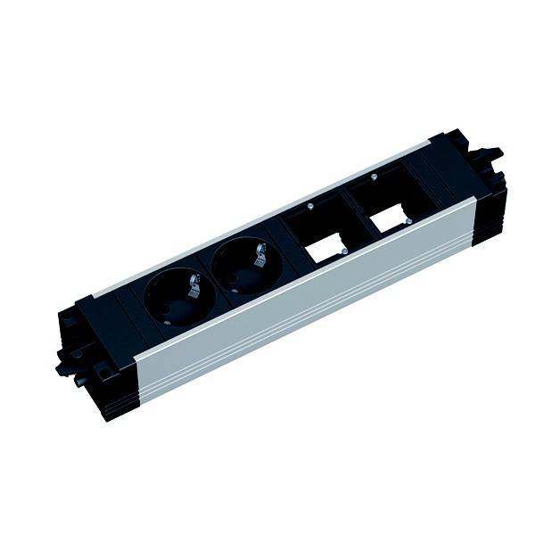 „Eine schwarze und silberne modulare Elektronikkomponente mit zwei Stromausgängen und drei leeren Steckplätzen für zusätzliche Module.