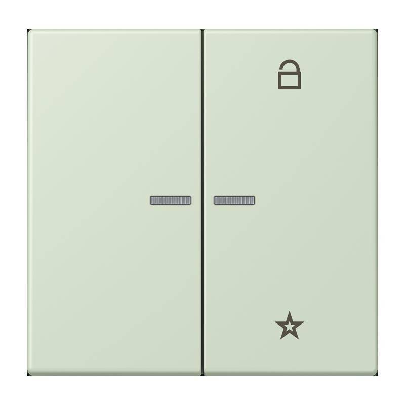 Ein beige Doppellichtschalter mit einem Schloss-Symbol auf dem linken Schalter und einem Stern-Symbol auf dem rechten Schalter, was auf unterschiedliche Funktionalitäten hinweist.