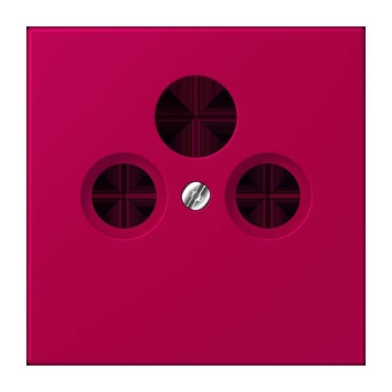 Eine rote elektrische Steckdose mit drei kreisförmigen Löchern in einer Dreiecksformation, konzipiert für europäische Stecker.