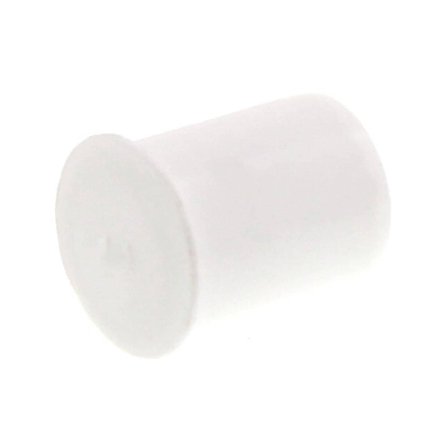 Ein zylindrisches weißes Objekt, wahrscheinlich ein einfacher Stöpsel oder Verschluss, mit glatter Oberfläche und leicht abgerundeten Kanten, aus einem Winkel betrachtet.