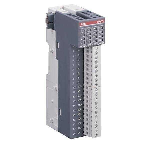 ABB DX571 Terminaleinheit mit mehreren gekennzeichneten Steckplätzen für elektrische Anschlüsse und Schalter, was auf ein modulares Design hinweist.