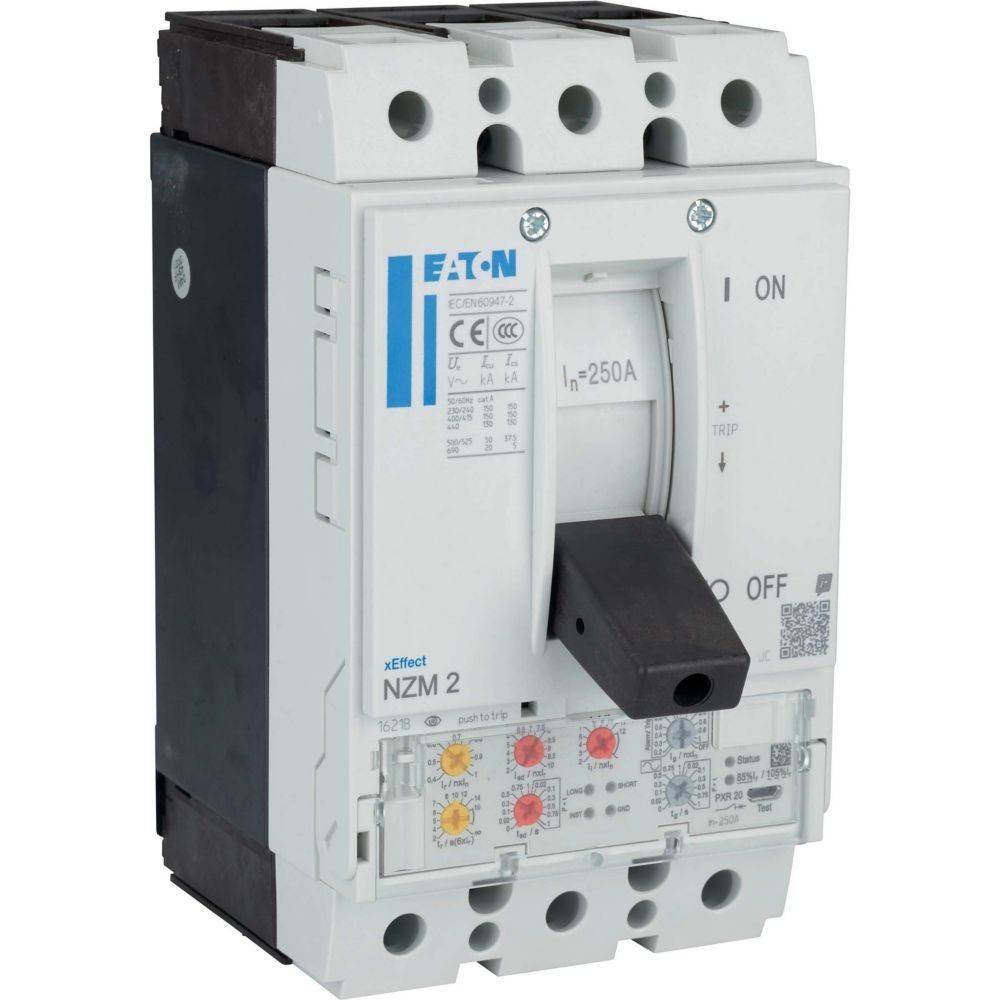 Leitungsschutzschalter der Marke ‚Eaton', mit Schalter für ‚EIN'- und ‚AUS'-Positionen, mit einer Nennstromstärke von 250A, konstruiert für elektrische Sicherheit.