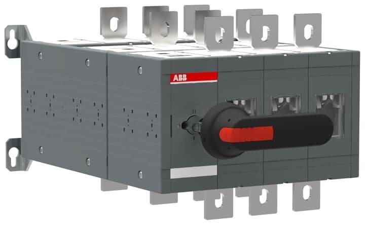 Ein schwarzer und roter industrieller Schalter von ABB mit gitterartigen Metallbefestigungen, verwendet zur Schaltkreissteuerung in elektrischen Anwendungen.
