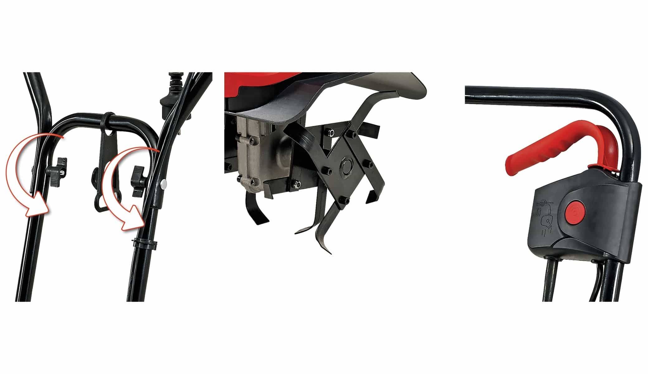 Eine Nahaufnahme der Metallfräszinken eines Motorgrubbers, die die robuste Konstruktion und scharfen Kanten zeigt, die für die Bodenbearbeitung ausgelegt sind.