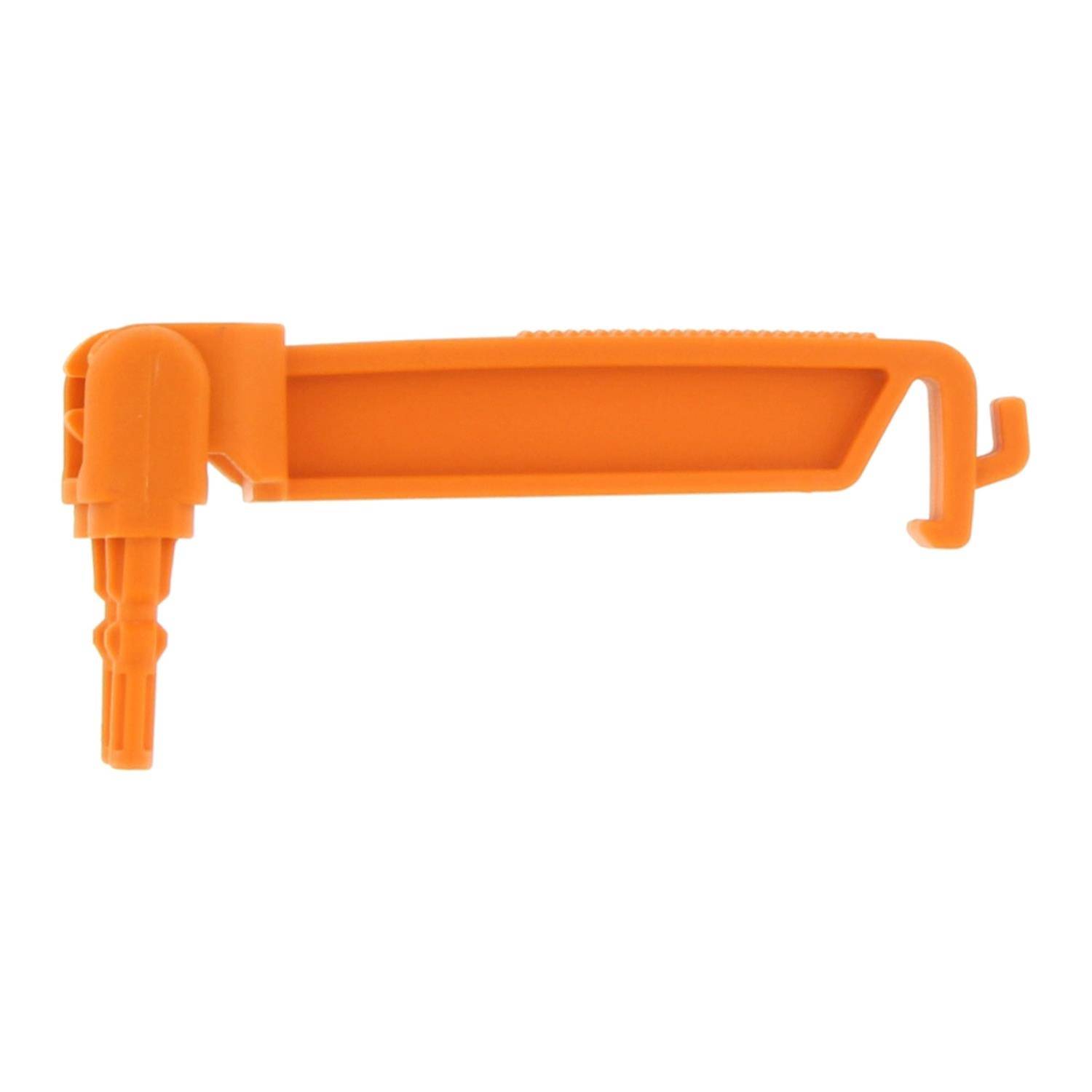 Ein orangefarbenes Kunststoffwerkzeug mit einem gekrümmten Ende und einem Griff, wahrscheinlich zum Öffnen von Behältern oder Flaschen verwendet.