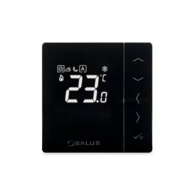 Schwarze digitale Thermostat-Anzeige mit 23,0°C und Berührungstasten auf der rechten Seite sowie SALUS-Branding darunter.