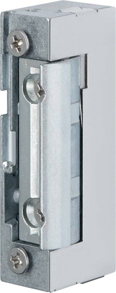 Nahaufnahme eines Metallverschlussmechanismus mit einem Schloss und einem Scharnier vor grauem Hintergrund.