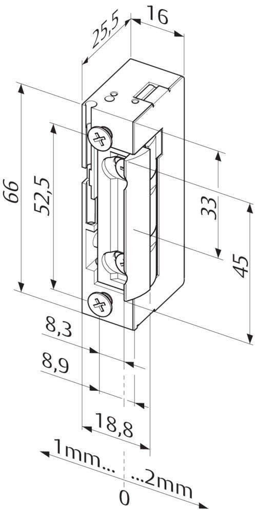 Technische Zeichnung einer elektrischen Komponente mit beschrifteten Abmessungen: 66, 52.5, 33, 45, 8.3, 8.9. Zwei sichtbare Schrauben.