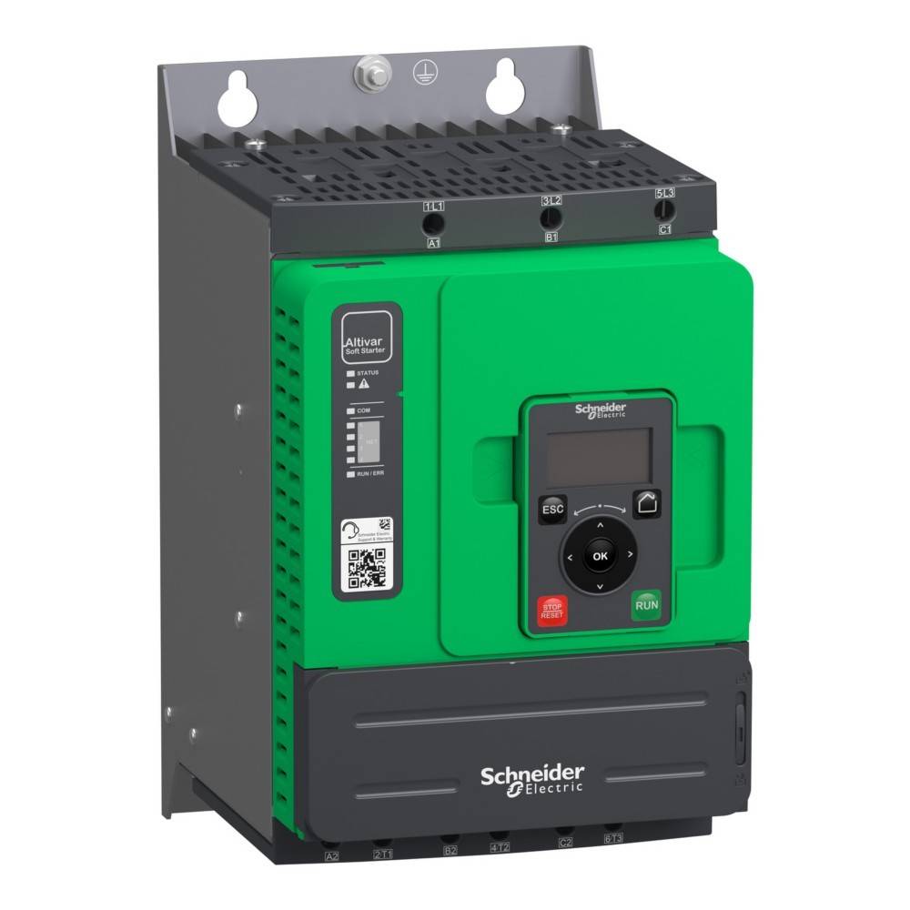 Ein grün-schwarzer Schneider Electric Altivar Machine ATV320 Frequenzumrichter, der zur Steuerung von Motorgeschwindigkeiten in industriellen Anwendungen verwendet wird.