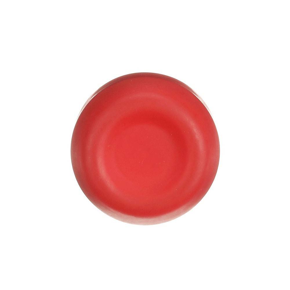 Ein roter, runder Knopf mit einer glatten, leicht erhabenen Oberfläche, von oben betrachtet, vor einem einfarbigen weißen Hintergrund.
