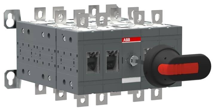 Ein grauer Elektroschalter mit dem 'ABB'-Logo, ausgestattet mit mehreren Anschlusspunkten und einem schwarzen Drehknopf auf der rechten Seite.
