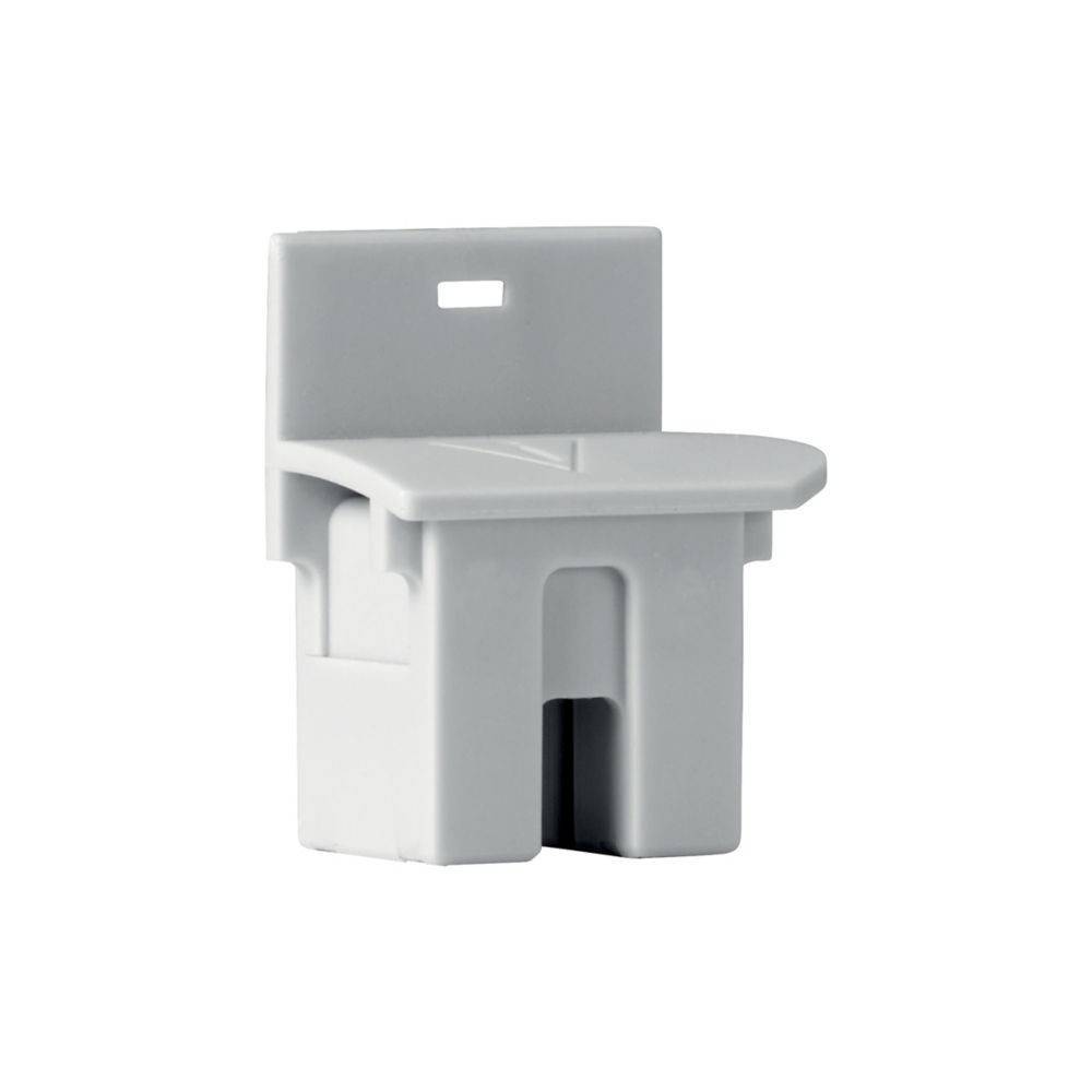 Ein einzelnes weißes Lego-Stuhlstück mit einer flachen Sitzfläche und Rückenlehne, das in der Nähe des oberen Endes ein rechteckiges Loch aufweist.