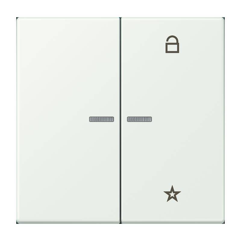 Zwei weiße Elektroschalter, einer mit einem Schloss-Symbol und der andere mit einem Stern, die unterschiedliche Funktionen oder Zugriffsebenen anzeigen.
